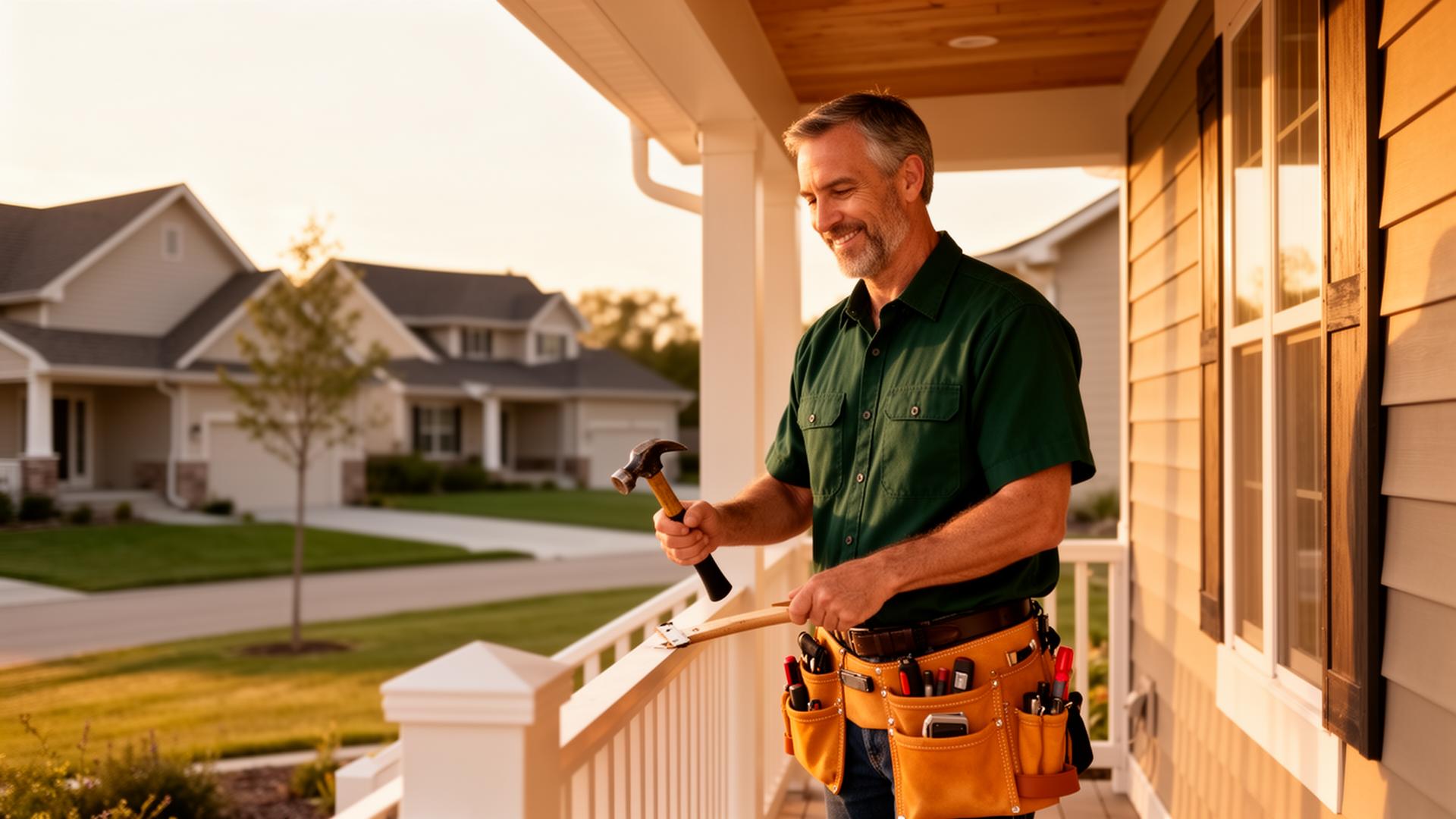 Friendly Omaha handyman working on a residential porch